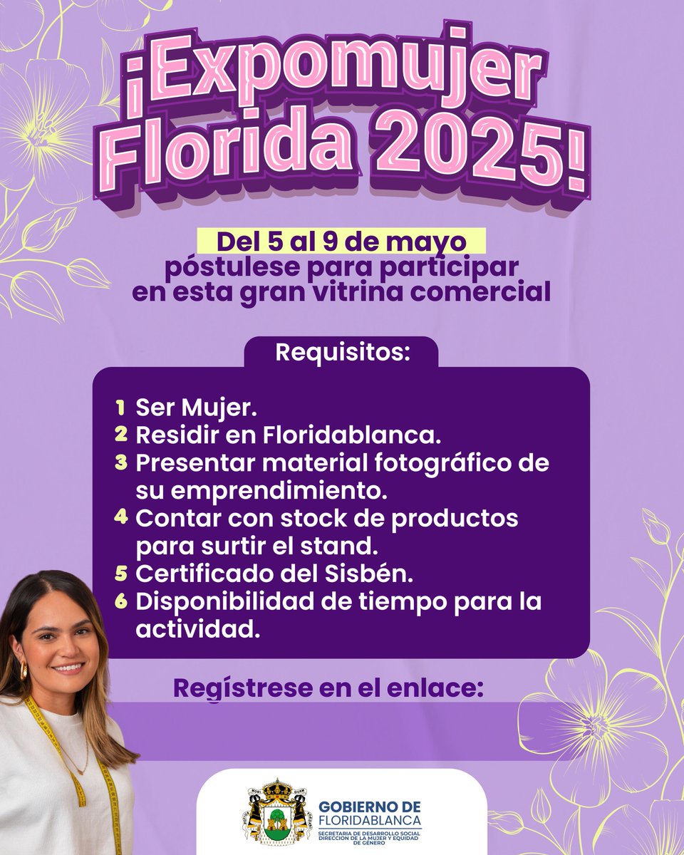 Canal TRO (@canaltro) on Twitter photo #Convocatoria | ¡Aún estás a tiempo de participar en #Expomujer Florida 2025! Una gran vitrina comercial en la ciudad dulce de Colombia. En el siguiente link puedes registrarte: 🔗 forms.gle/J9DEKkVNzsVfBC…
<a href="/Alcaldiafblanca/">Alcaldía de Floridablanca</a> #Convocatoria | ¡Aún estás a tiempo de participar en #Expomujer Florida 2025! Una gran vitrina comercial en la ciudad dulce de Colombia. En el siguiente link puedes registrarte: 🔗 forms.gle/J9DEKkVNzsVfBC…
<a href="/Alcaldiafblanca/">Alcaldía de Floridablanca</a>