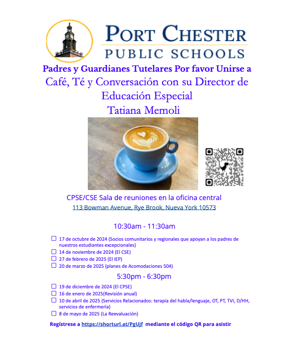 Port Chester School District (@portchesterufsd) on Twitter photo ☕️ Join Coffee, Tea & Conversation with Director of Special Education <a href="/TatianaMemoli/">Tatiana Memoli</a> - tomorrow, Thur., May 8, at 5:30 PM in the CPSE/CSE Meeting Room at Central Office.
Register here: shorturl.at/PgUjf ☕️ Join Coffee, Tea & Conversation with Director of Special Education <a href="/TatianaMemoli/">Tatiana Memoli</a> - tomorrow, Thur., May 8, at 5:30 PM in the CPSE/CSE Meeting Room at Central Office.
Register here: shorturl.at/PgUjf