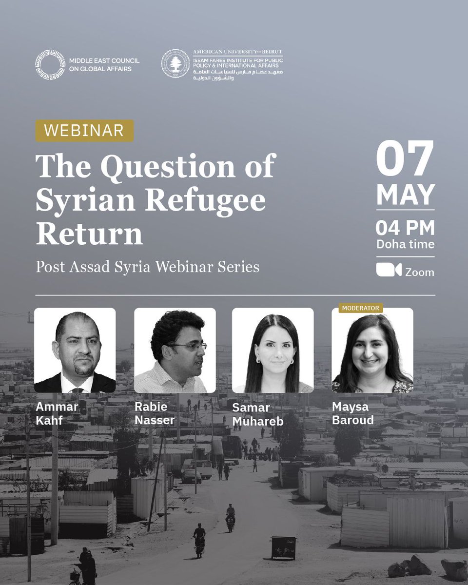 ScprSyria's tweet image. 🔴 Happening Today!
"The Question of Syrian Refugee Return" | Post Assad Syria Webinar Series
🗓️ May 7 | 🕓 4:00–5:15 PM (Doha)
📍 Zoom
🎟️ Register: lnkd.in/dxTyUJv3