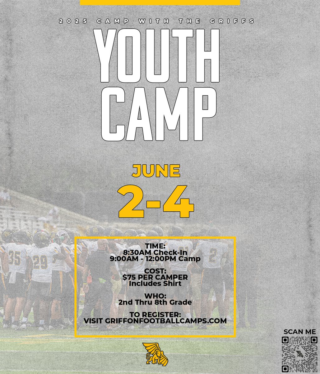 Missouri Western Football (@mwsu_football) on Twitter photo 𝐆𝐫𝐢𝐟𝐟𝐨𝐧 𝐘𝐨𝐮𝐭𝐡 𝐂𝐚𝐦𝐩
🅾🅽🅴 🆆🅴🅴🅺‼️
W̲h̲o̲: 2nd thru 8th Grade
W̲h̲e̲n̲: June 2-4
W̲h̲e̲r̲e̲: Griffon Indoor Sports Complex
🔗GriffonFootballCamps.com
For more info contact <a href="/CoachGalloM/">Michael Gallo</a>
#OurCity 🦅🦁 𝐆𝐫𝐢𝐟𝐟𝐨𝐧 𝐘𝐨𝐮𝐭𝐡 𝐂𝐚𝐦𝐩
🅾🅽🅴 🆆🅴🅴🅺‼️
W̲h̲o̲: 2nd thru 8th Grade
W̲h̲e̲n̲: June 2-4
W̲h̲e̲r̲e̲: Griffon Indoor Sports Complex
🔗GriffonFootballCamps.com
For more info contact <a href="/CoachGalloM/">Michael Gallo</a>
#OurCity 🦅🦁