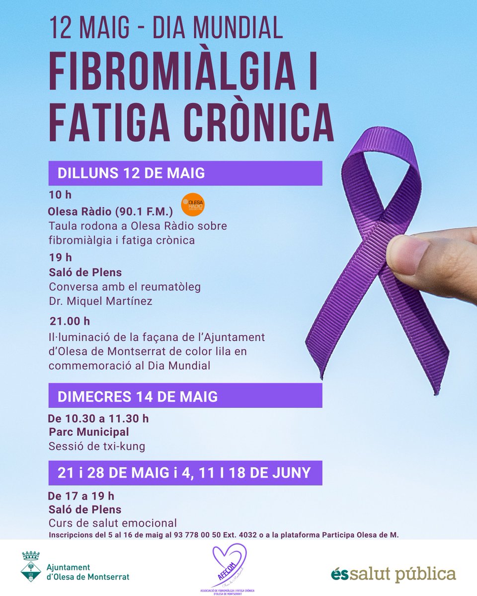 RECORDEU! Aquest dilluns, 12 de maig, commemorem el Dia Internacional de la #Fibromiàlgia i de la #FatigaCrònica.

🔝Us convidem a participar en els actes organitzats conjuntament amb la Regidoria de Salut Pública de <a href="/AjuntamentOlesa/">Ajuntament d'Olesa</a> 

No hi falteu!