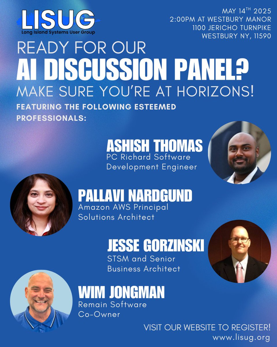 LISUG_Official's tweet image. 🚀 Join us for a thought-provoking panel discussion on the future of AI! 🤖💡
Top minds in tech and innovation will explore how artificial intelligence is reshaping our world - and what lies ahead.

#HorizonsAI #FutureOfAI #AIPanel #TechForTomorrow #Horizons2025 #Horizons