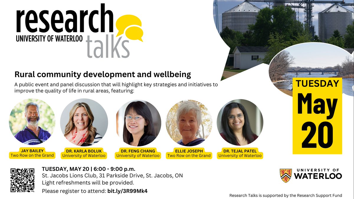 Waterloo Pharmacy clinical associate professor Tejal Patel and associate professor Feng Chang join the Research Talks public event and a panel discussion on improving life in rural areas on May 20. Register today: bit.ly/4393aqN <a href="/WaterlooSci/">Waterloo Science</a> <a href="/UWaterloo/">University of Waterloo</a>