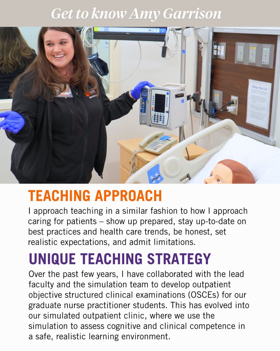 Meet our newest faculty feature, @Clemson_nurse senior lecturer Amy Garrison! Amy’s favorite moment as a teacher is seeing students put all the pieces of the puzzle together and realize they can learn and can excel in this trade.