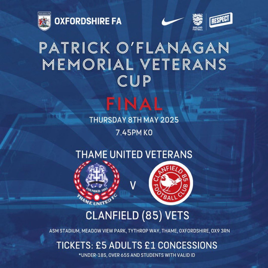 🏆 Another Trophy could be added to the collection tomorrow night 

Our Vets side are in the Patrick O’Flanagan Memorial Cup Final.

📣 If you’re looking for a football fix, get down to the ASM and support the lads 

#ThameUtd | 🔴⚫️