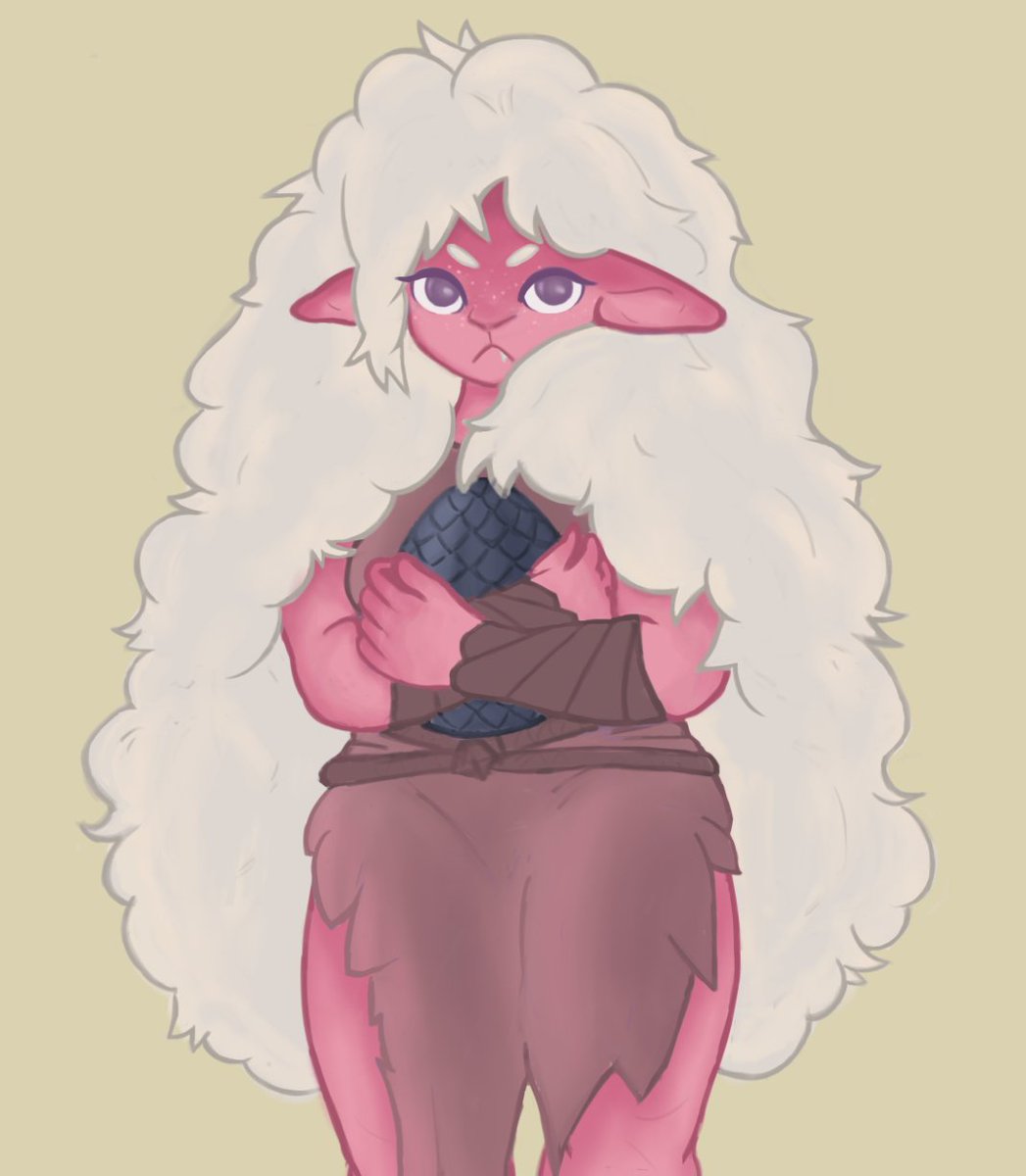 New D&amp;D character from another game im in. 
Vel the Drakewarden ranger. Her tribe values strength and not showing weakness so she acts tough but she's actually as soft as her hair. 

#DnD #dndart #dnd5e