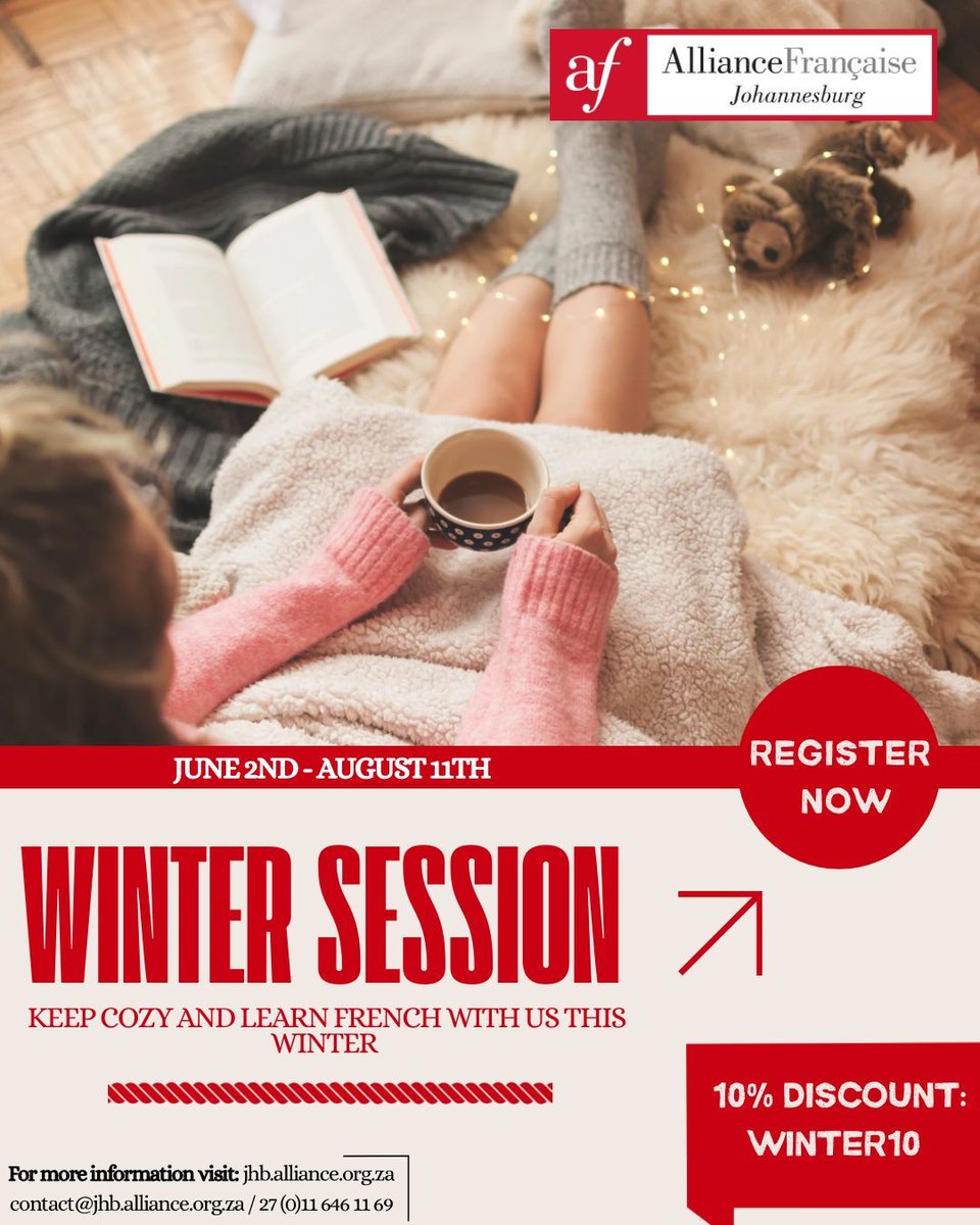 Our Winter Session is starting on the 2nd of June! 
DELF-DALF and TEF official certifications. Join us to learn French, English, Portuguese, Isizulu ! 
Don't forget to register on our website:  jhb.alliance.org.za/#/ 
For more info: contact@jhb.alliance.org.za