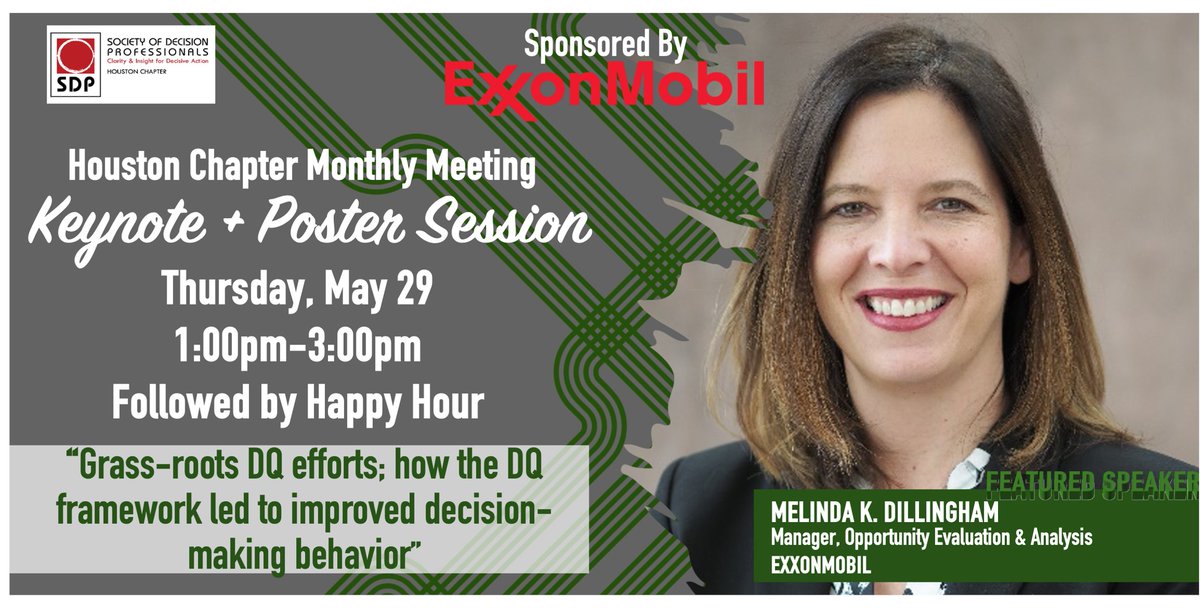 Society of Decision Professionals (SDP) (@decisionpros) on Twitter photo ๐Join the SDP Houston Chapter at <a href="/exxonmobil/">ExxonMobil</a> on May 29 from 1-3pm! Keynote: โShould I Go With My Gut?โ w/Mindy Dillingham
Followed BY: Poster Showcase on real-world DQ
๐ป Happy Hour @ SwitchHouse
RSVP/DETAILS: eventbrite.com/e/sdp-hou-chapโฆ
#DecisionQuality #SDPHouston ๐Join the SDP Houston Chapter at <a href="/exxonmobil/">ExxonMobil</a> on May 29 from 1-3pm! Keynote: โShould I Go With My Gut?โ w/Mindy Dillingham
Followed BY: Poster Showcase on real-world DQ
๐ป Happy Hour @ SwitchHouse
RSVP/DETAILS: eventbrite.com/e/sdp-hou-chapโฆ
#DecisionQuality #SDPHouston