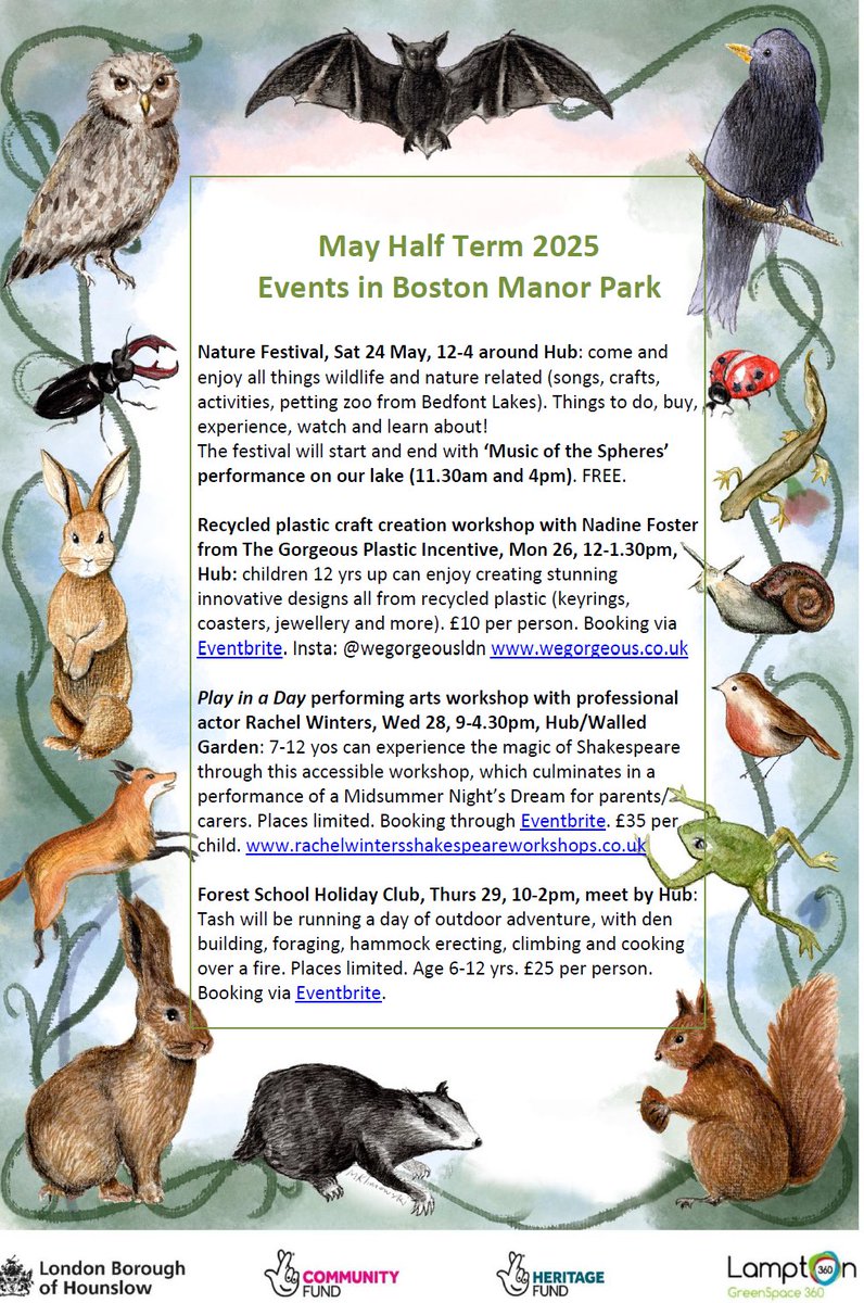 The Boston Manor Park team have organised a number of activities to keep your young ones entertained over the May Half Term holiday.

You can see what's on offer and book any you may be interested in on their Eventbrite page: eventbrite.co.uk/o/boston-manor…