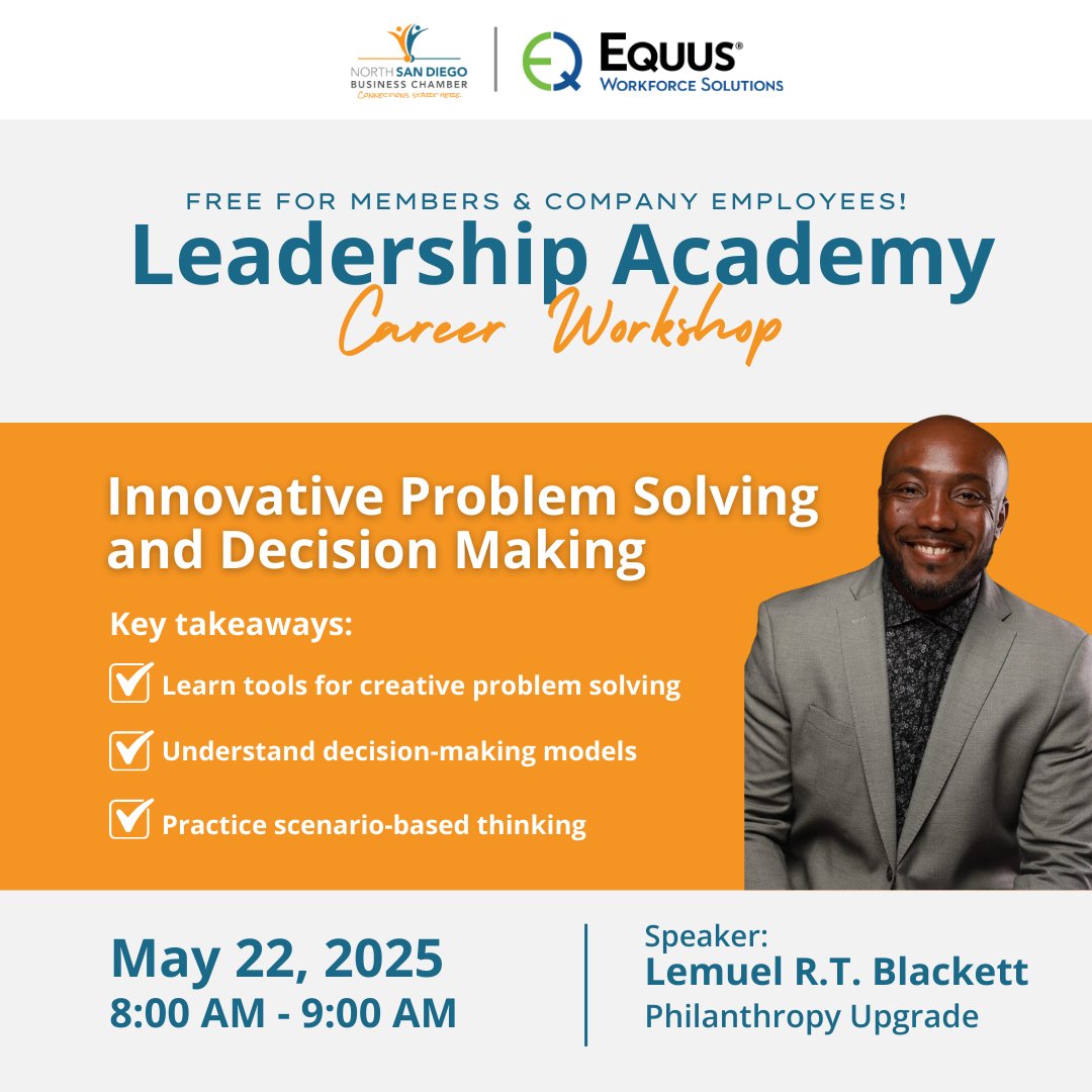sdbizchamber's tweet image. Join us Thursday, May 22, for a virtual Leadership Academy with Lemuel Blackett, CEO of Philanthropy Upgrade, and learn how to lead with clarity and confidence under pressure.

Register here: ow.ly/ugl450VNVg4

#LeadershipAcademy #nsdbc #ProfessionalGrowth #sandiego