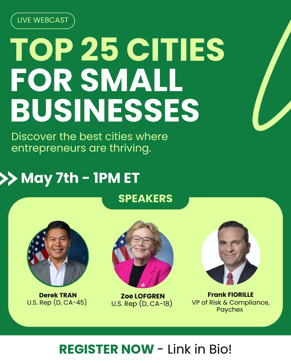 🚨Don't miss today's live webinar -  an exclusive look at the Top 25 Cities for Small Business Report, key trends, and what this means for entrepreneurs nationwide, hosted by Rohit Arora, CEO of Biz2Credit.

🗓️ Date: May 7th
🕐 Time: 1 PM ET

Register now: lnkd.in/e3RGP4Xi