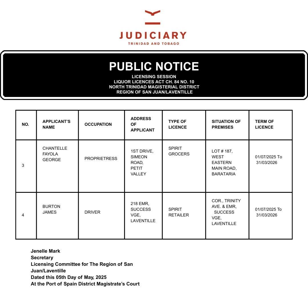TTJudiciary's tweet image. Issue of New Liquor Licences for the San/Juan Laventille Region.