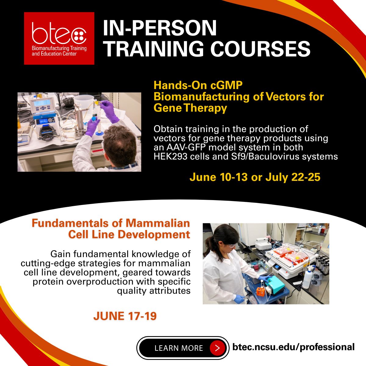 NC State BTEC (@ncstatebtec) on Twitter photo 🔎Searching for a professional development course this summer ☀️? There are open seats in Hands-On cGMP Biomanufacturing of Vectors for Gene Therapy & Fundamentals of Mammalian Cell Line Development❗
➡️Learn more about BTEC's hands-on training courses at ncst.at/6tn450VOtJu 🔎Searching for a professional development course this summer ☀️? There are open seats in Hands-On cGMP Biomanufacturing of Vectors for Gene Therapy & Fundamentals of Mammalian Cell Line Development❗
➡️Learn more about BTEC's hands-on training courses at ncst.at/6tn450VOtJu