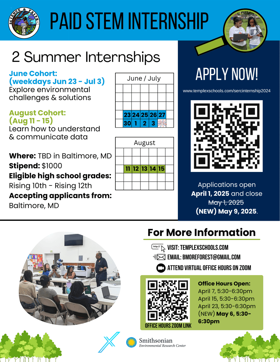 🌳 Applications open for the Smithsonian Baltimore Forest Science Internship!
📅 Deadline: May 9
👩‍🔬 For rising 10th–12th graders in Baltimore

🗓️ June: Local environmental challenges
🗓️ Aug: Science data analysis

Apply: templexschools.com/sercinternship…

#YouthInternship #Smithsonian