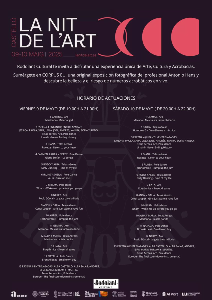 Este finde actuaciones gratis en Castellón 👇👇
Calle Vázquez de Mella 45
Viernes a las 19h
Sábado a las 20h