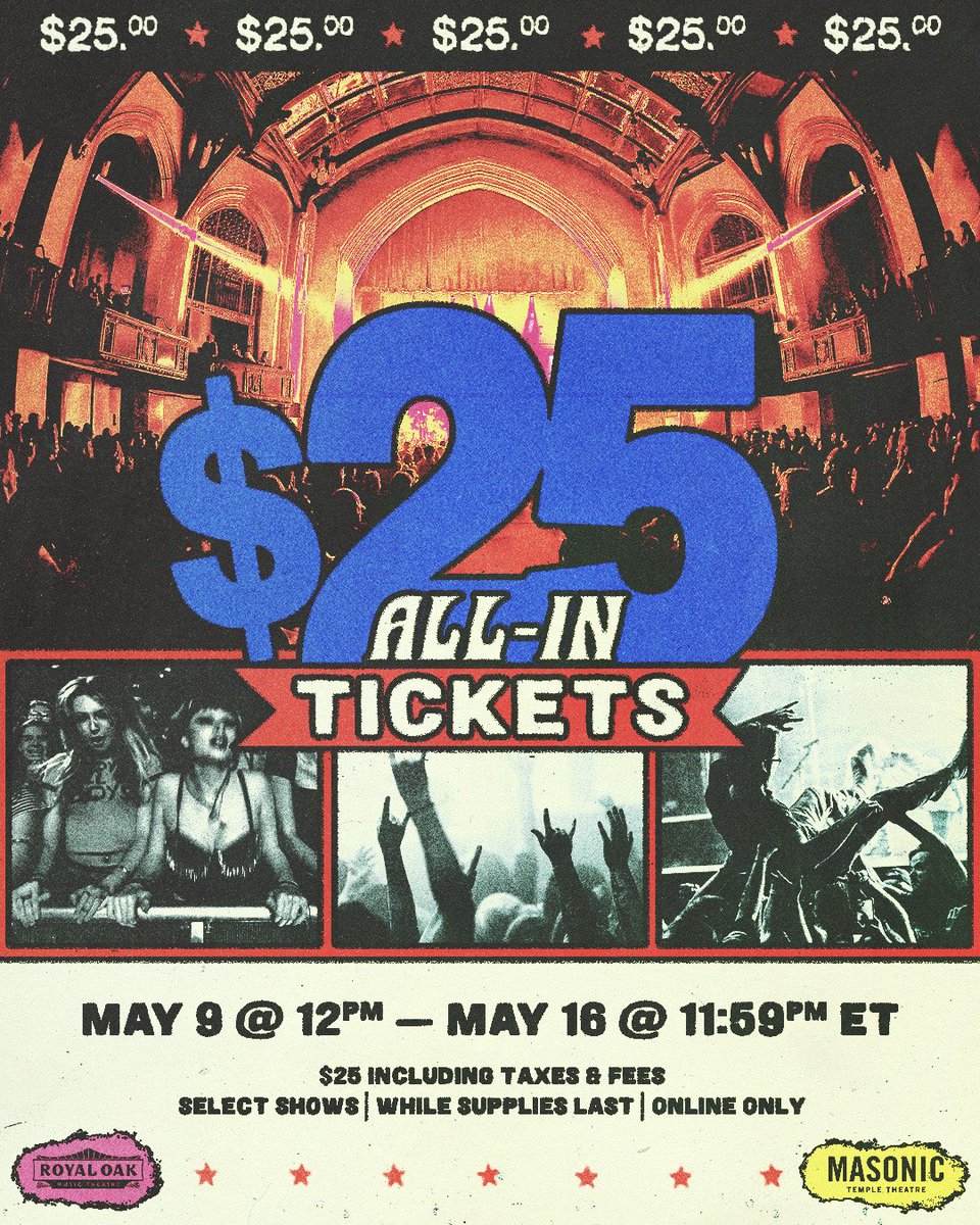 Kick off summer concert season right 🤘🏽Score $25 all-in tickets to your favorite artists at @MasonicDET &amp; <a href="/RoyalOakMusic/">RoyalOakMusicTheatre</a> while supplies lasts! Must purchase through this link. Select shows only. 

Offer valid Fri. 5/9 @ 12pm - Fri. 5/16 @ 11:59pm

🎫: buff.ly/jMTFuoB
