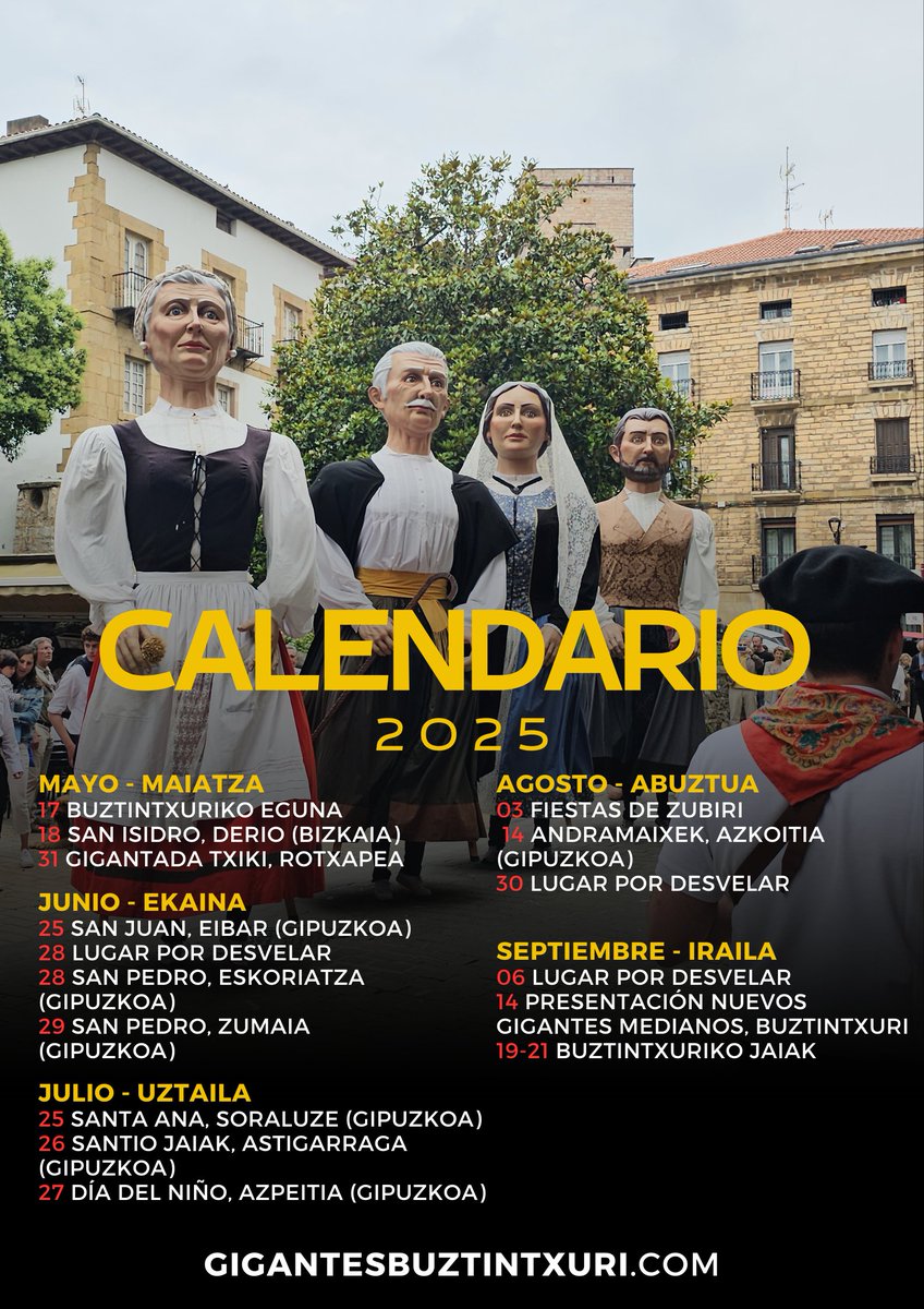 CAS]
Aquí os dejamos el calendario de esta temporada!
Pronto más información.

EUS]
Hemen duzue denboraldi honetako egutegia!
Laster informazio gehiago.

#buztintxurikoerraldoiak #buztintxuri
#gegants #erraldoiaketaburuhandiak #erraldoiak #gigantesycabezudos #iruña #pamplona
