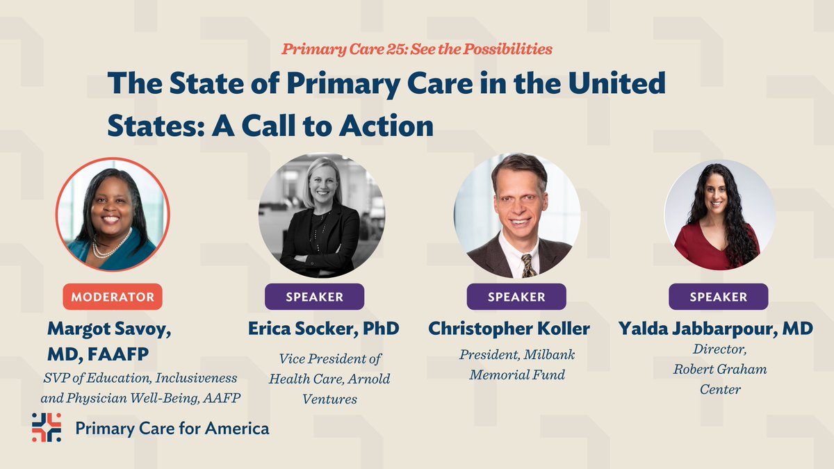 Primary Care for America (@pc4america) on Twitter photo We're joined by <a href="/aafp/">AAFP</a>'s <a href="/MargotSavoy/">Margot Savoy MD, MPH, FAAFP</a>, <a href="/TheGrahamCenter/">Robert Graham Center</a>'s Dr. Yalda Jabbarpour, <a href="/Arnold_Ventures/">Arnold Ventures</a>' <a href="/EricaSocker/">Erica Socker</a> & <a href="/MilbankFund/">Milbank Memorial Fund & The Milbank Quarterly</a>'s <a href="/CKollerMilbank/">Christopher Koller</a> for a discussion about the state of primary care in the U.S. and solutions to strengthen our health care system. bit.ly/4jrMS39 We're joined by <a href="/aafp/">AAFP</a>'s <a href="/MargotSavoy/">Margot Savoy MD, MPH, FAAFP</a>, <a href="/TheGrahamCenter/">Robert Graham Center</a>'s Dr. Yalda Jabbarpour, <a href="/Arnold_Ventures/">Arnold Ventures</a>' <a href="/EricaSocker/">Erica Socker</a> & <a href="/MilbankFund/">Milbank Memorial Fund & The Milbank Quarterly</a>'s <a href="/CKollerMilbank/">Christopher Koller</a> for a discussion about the state of primary care in the U.S. and solutions to strengthen our health care system. bit.ly/4jrMS39
