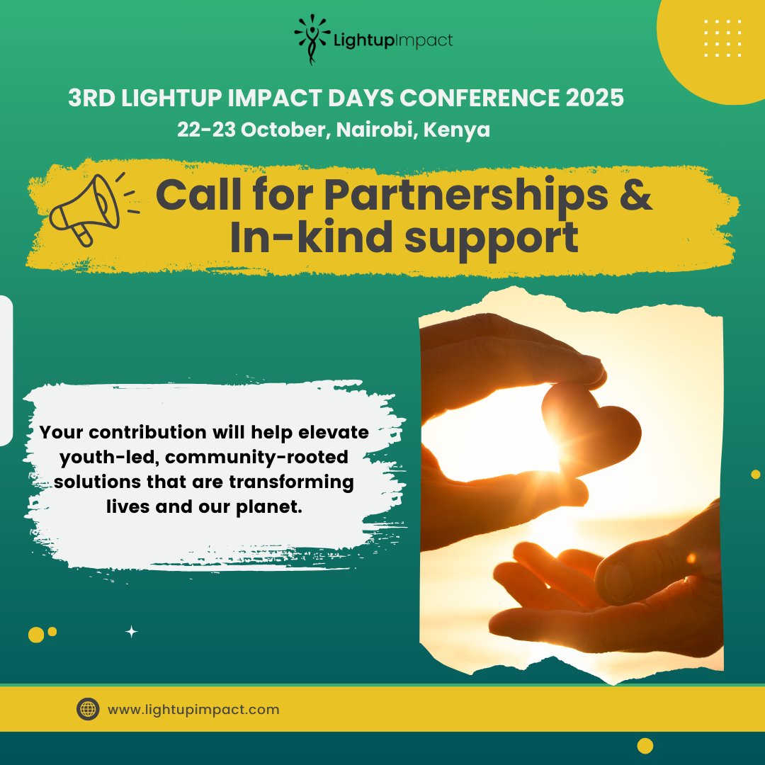 Lightup Impact (@lightupimpact) on Twitter photo We’re calling on individuals and orgs passionate about youth leadership in making the #LID2025 a success.
We seek in-kind support in printing & exhibition set-up, media coverage, Décor & local transportation
Contact Valeria Santoro at valeria.santoro@lightupimpact.com We’re calling on individuals and orgs passionate about youth leadership in making the #LID2025 a success.
We seek in-kind support in printing & exhibition set-up, media coverage, Décor & local transportation
Contact Valeria Santoro at valeria.santoro@lightupimpact.com