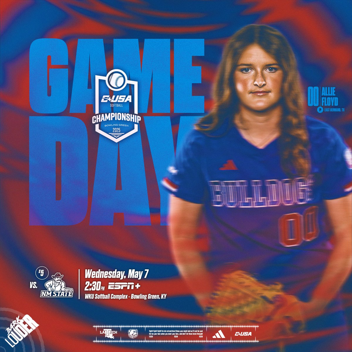 LATechSB's tweet image. Go Time‼️

ℹ️ CUSA Tournament Round One
🆚 No. 5 NMSU
⌚️ 2:30 p.m.
📍 Bowling Green, Ky.
🏟️ WKU Softball Complex
📊 latechsports.com/stats
📺 ESPN+

#BarkLouder