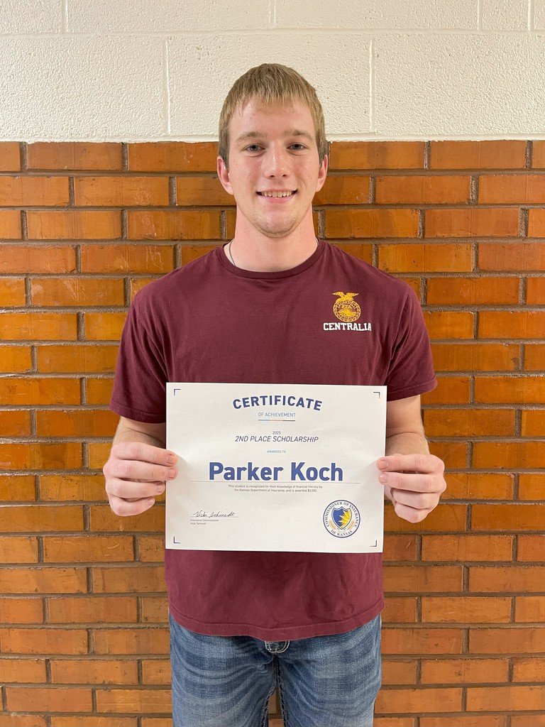 Parker Koch was awarded 2nd place in the Office of the State Bank Commissioner (OSBC) and Kansas Department of Insurance financial literacy scholarship. 
Parker has been awarded $3,000 for his essay. 
Congratulations!