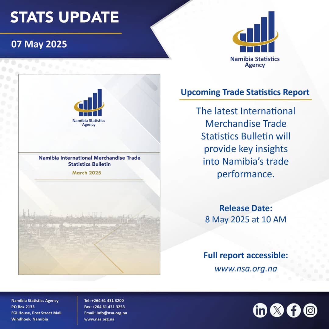 namstatsagency's tweet image. 📌 Wondering what 🇳🇦’s latest Trade Activity looks like? 
Find out in tomorrow’s bulletin:

#tradereport #Marchedition #statisticsfordevelopment