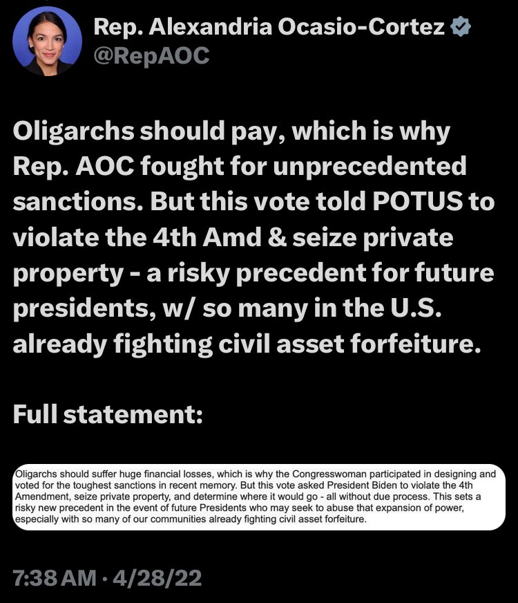 For those who don't pay close attention to AOC. 

AOC explained her position on asset forfeiture back in 2022. For those asking her to explain her newer votes.