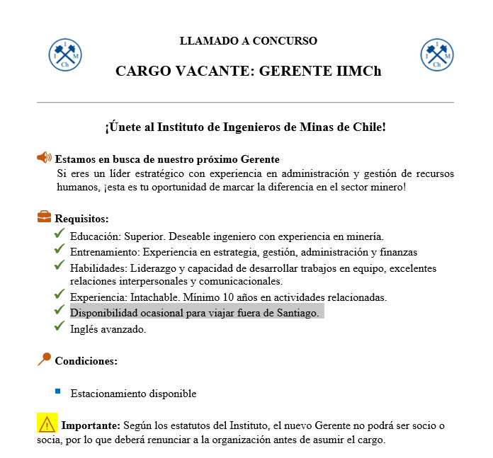 Ingenieros de Minas (@iimch) on Twitter photo 📩Postulación:
Si cumples con los requisitos y deseas formar parte de este desafío, envía tu CV y pretensiones de sueldo a instituto@iimch.cl antes del 19 de mayo de 2025.
✅ ¡Sé parte del futuro de la minería en Chile! 📩Postulación:
Si cumples con los requisitos y deseas formar parte de este desafío, envía tu CV y pretensiones de sueldo a instituto@iimch.cl antes del 19 de mayo de 2025.
✅ ¡Sé parte del futuro de la minería en Chile!