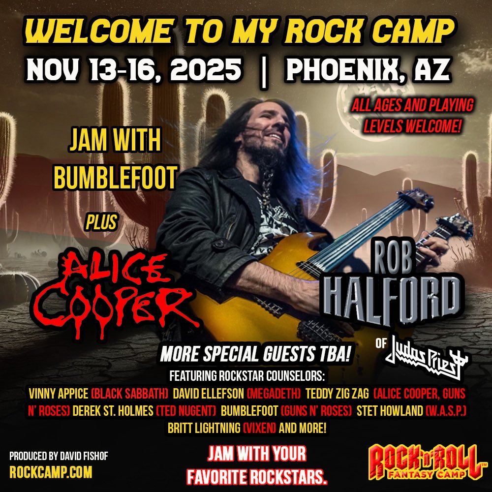 Bumblefoot (@bumblefoot) on Twitter photo Due to popular demand, we're doing a 2nd week of <a href="/RockFantasyCamp/">RockFantasyCamp</a> in Phoenix AZ!
Special guests @AliceCooper & Rob Halford! 🤘 (more to be announced...)
Info at RockCamp.com
See you there!
🤘😁🎸🎸🤘 Due to popular demand, we're doing a 2nd week of <a href="/RockFantasyCamp/">RockFantasyCamp</a> in Phoenix AZ!
Special guests @AliceCooper & Rob Halford! 🤘 (more to be announced...)
Info at RockCamp.com
See you there!
🤘😁🎸🎸🤘