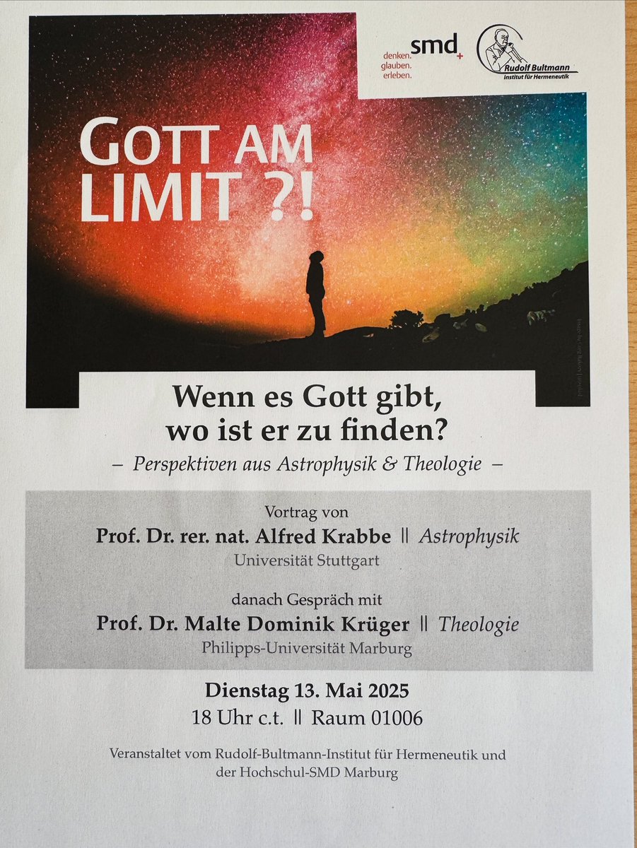 Nächsten Dienstag in Marburg in der Alten Universität erst Vortrag des renommierten Astrophysikers Alfred Krabbe zur aktuellen Kosmologie, darauf reagiere ich kurz aus theologischer Sicht und dann machen wir eine große Plenumsdiskussion: wir freuen uns! Herzliche Einladung!