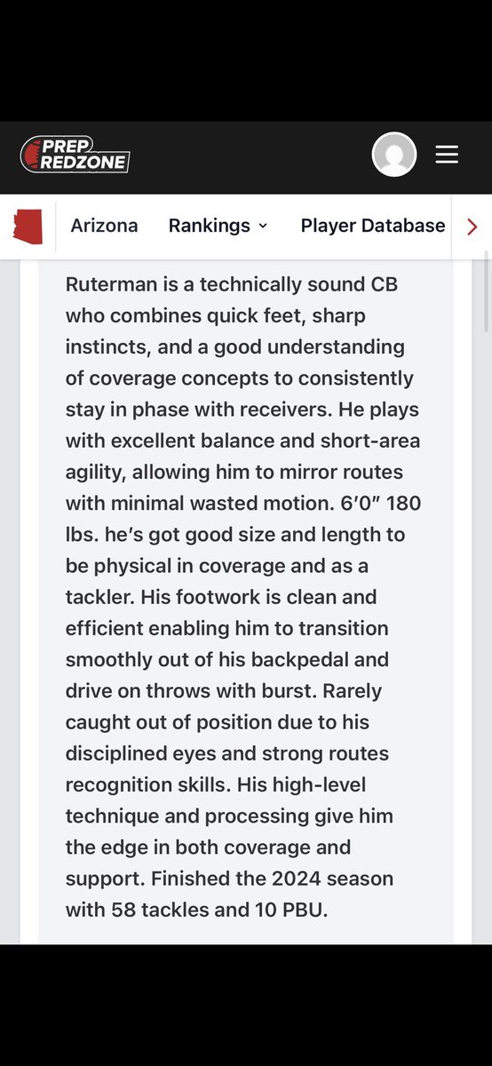 EliRuterman (@eli_ruterman) on Twitter photo Thank you for the write up <a href="/PrepRedzoneAZ/">Prep Redzone Arizona</a> !!
“Disciplined eyes and strong route recognition”
“Good size and length to be physical in coverage”
“His footwork is clean and efficient” Thank you for the write up <a href="/PrepRedzoneAZ/">Prep Redzone Arizona</a> !!
“Disciplined eyes and strong route recognition”
“Good size and length to be physical in coverage”
“His footwork is clean and efficient”
