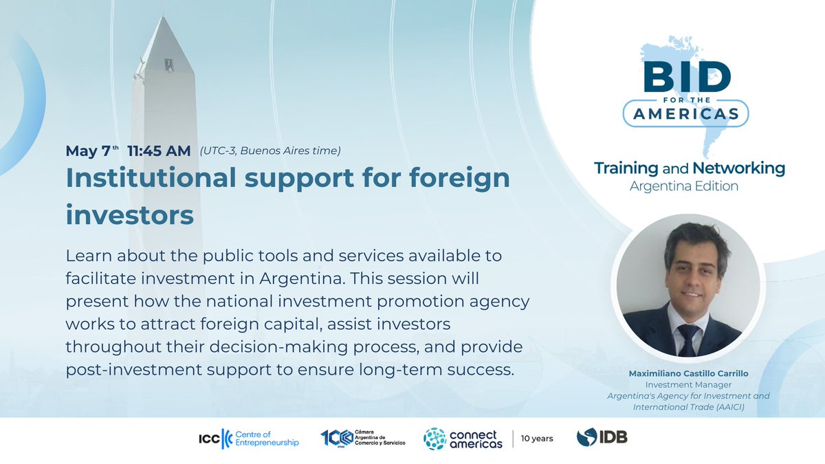 connectamericas's tweet image. 📢 We’re live with the second and final day of BID for the Americas: Training & Networking – Argentina Edition!
Today we’re focusing on #investment opportunities and practical guidance for entering the Argentinian market. Join us for a dynamic 3-hour learning session featuring…