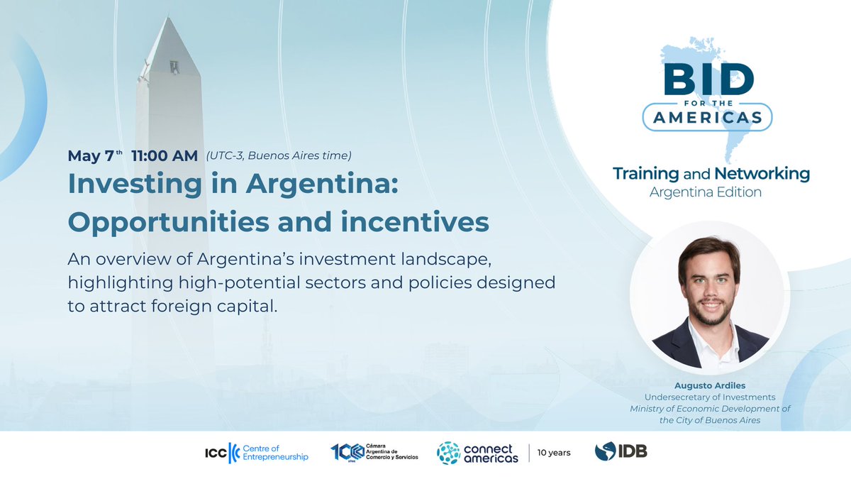 connectamericas's tweet image. 📢 We’re live with the second and final day of BID for the Americas: Training & Networking – Argentina Edition!
Today we’re focusing on #investment opportunities and practical guidance for entering the Argentinian market. Join us for a dynamic 3-hour learning session featuring…