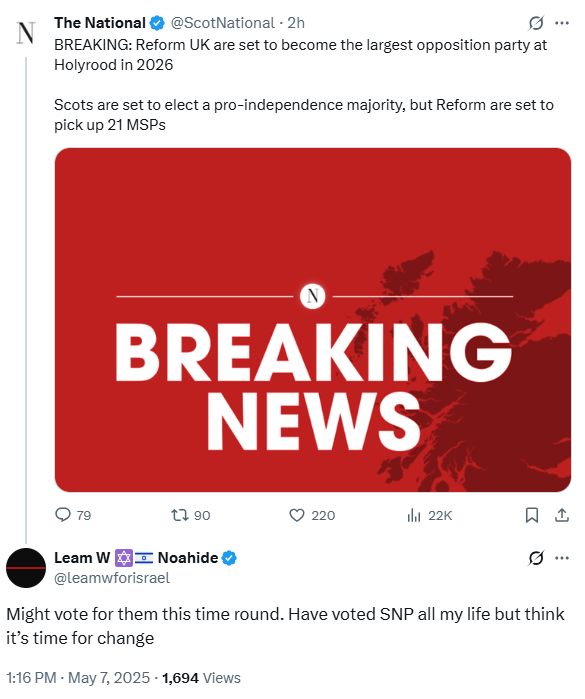 DING-DING! We have another case of "I have voted the SNP for my entire life! Now all of a sudden I'm a unionist who wants to vote for a fascist far-right party" 

Fuck right off. Never were an SNP voter you liar