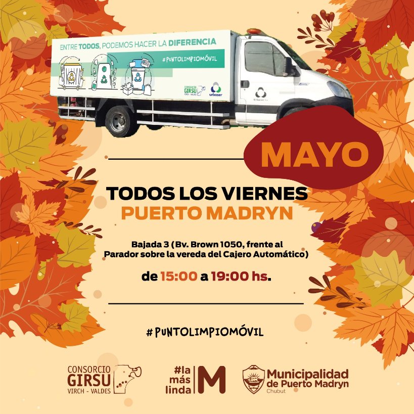 TODOS LOS VIERNES DE MAYO, EL PUNTO LIMPIO MÓVIL ESTARÁ EN #MADRYN ♻️

Durante mayo, vas a poder acercarte todos los viernes de 15 a 19 horas al #PuntoLimpioMóvil en la #Bajada3 (📍Boulevard Brown 1050, inmediaciones del cajero de la costa)
