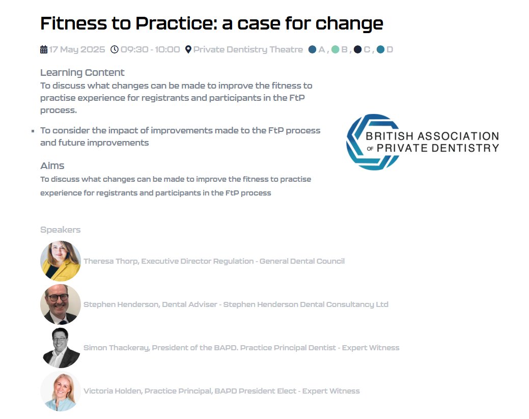 GDC (@gdc_uk) on Twitter photo Join us at the the British Dental Conference and Dentistry Show <a href="/dentistryshowCS/">Dentistry Show</a> in Birmingham!
Mark your diary:
Theresa Thorp, our Executive Director for Regulation, will be speaking on a panel discussion titled ‘Fitness to Practice: A Case for Change’.
When: 17 May, 9:30. Join us at the the British Dental Conference and Dentistry Show <a href="/dentistryshowCS/">Dentistry Show</a> in Birmingham!
Mark your diary:
Theresa Thorp, our Executive Director for Regulation, will be speaking on a panel discussion titled ‘Fitness to Practice: A Case for Change’.
When: 17 May, 9:30.