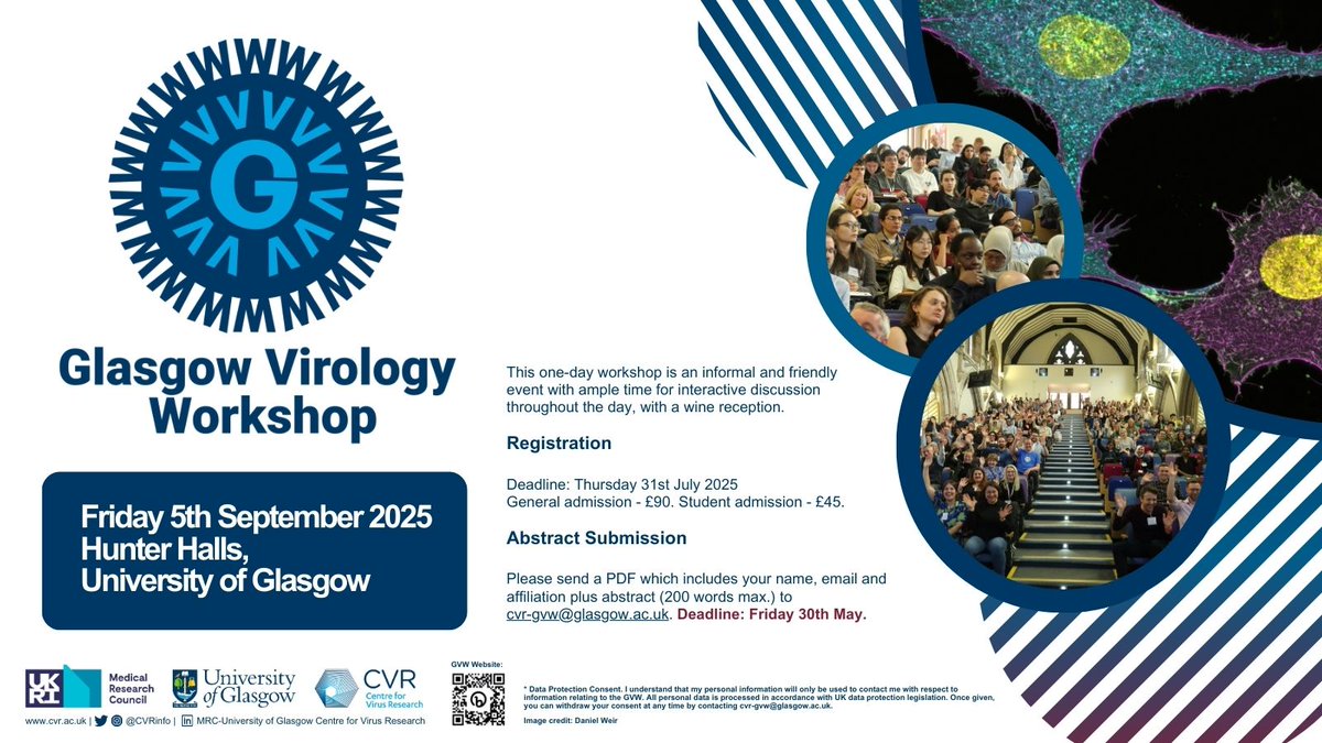 📢 BOOK NOW | #GlasgowVirologyWorkshop 2025 

Join us for an informal and friendly workshop with time for interactive discussion and a wine reception in the evening. 

External to UofG? Register here: …orkshop2025_External.eventbrite.co.uk

More info: gla.ac.uk/research/az/cv…