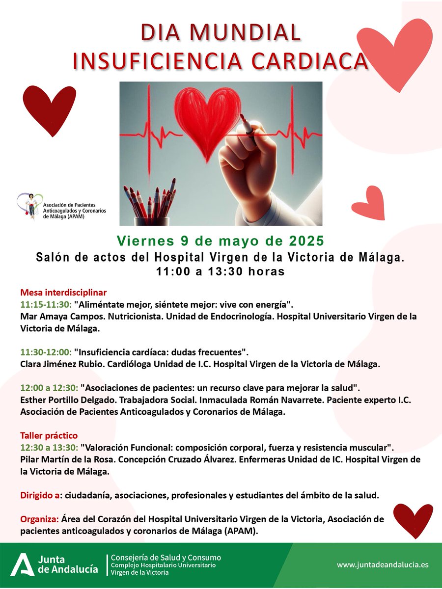 ❤️ Día Mundial de la Insuficiencia Cardíaca en <a href="/HUVV_SAS/">Hospital Clínico Virgen de la Victoria</a> con la colaboración de <a href="/APAM_MALAGA/">Asociación APAM</a> 🕚 9 de mayo, 11:00 a 13:30 h 
➡️Charlas, talleres, consejos y testimonios reales para cuidar tu corazón 💓 (ver programa)
👥 Entrada libre
📢 ¡Comparte y acompaña! #InsuficienciaCardíaca