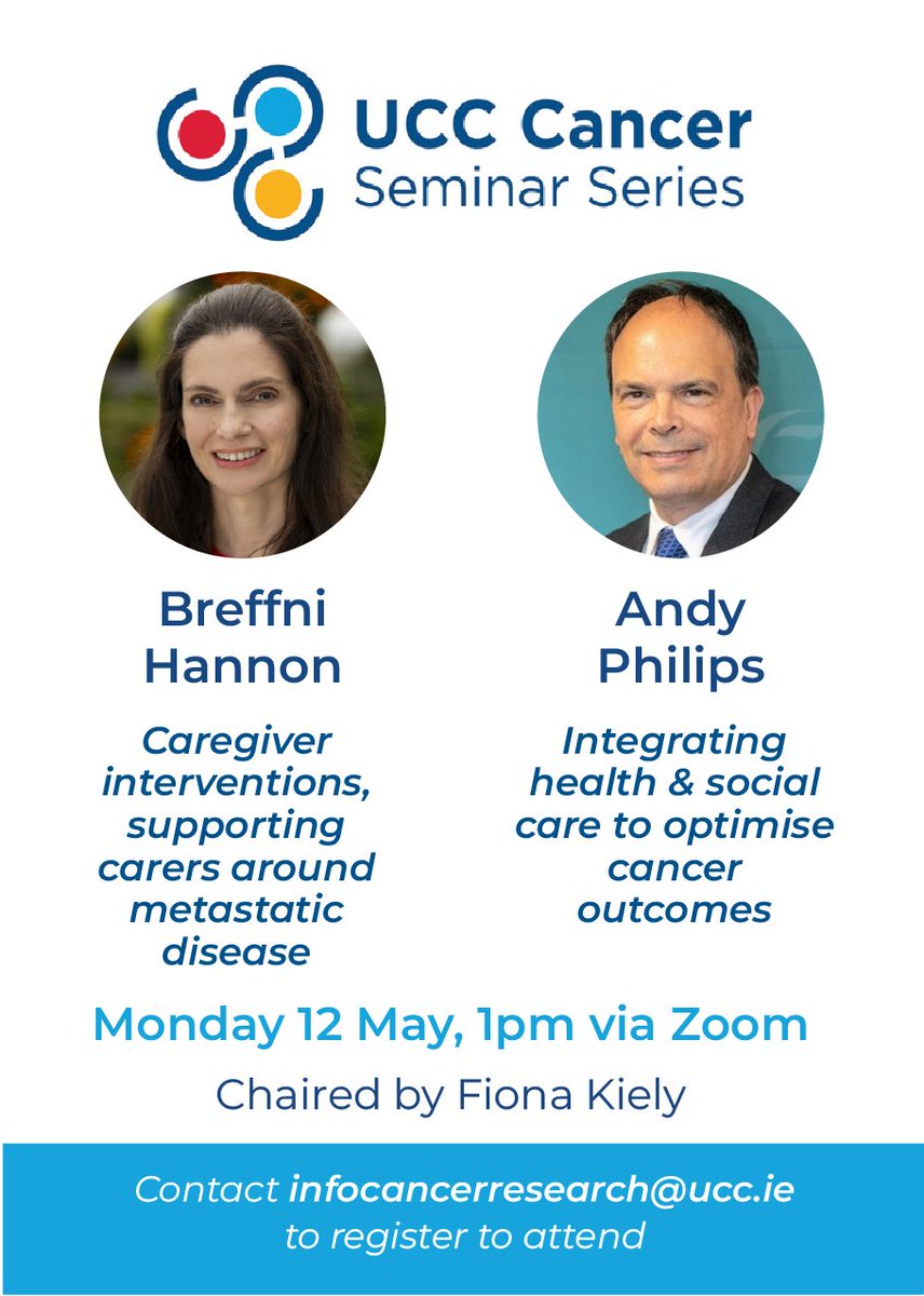 Cancer Research @UCC (@canresucc) on Twitter photo The final lecture in our UCC Cancer Seminar Series will be presented by Dr. Breffni Hannon, Head of Palliative Care at UHN's <a href="/pmcancercentre/">Princess Margaret Cancer Centre</a> and Dr. Andy Phillips, HSE South West REO. Chaired by <a href="/drfionakiely/">Fiona Kiely</a>.
Mon 12 May at 1:00PM via Zoom
Register: tinyurl.com/j7eat7m4 The final lecture in our UCC Cancer Seminar Series will be presented by Dr. Breffni Hannon, Head of Palliative Care at UHN's <a href="/pmcancercentre/">Princess Margaret Cancer Centre</a> and Dr. Andy Phillips, HSE South West REO. Chaired by <a href="/drfionakiely/">Fiona Kiely</a>.
Mon 12 May at 1:00PM via Zoom
Register: tinyurl.com/j7eat7m4