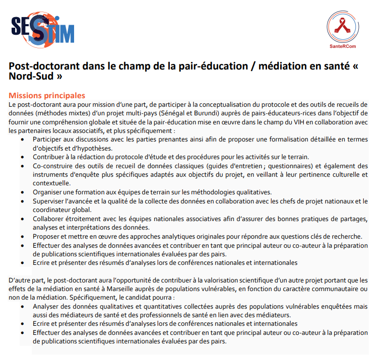 [#Emploi] Notre équipe SanteRCom recrute un.e post-doctorant.e dans le champ de la pair-éducation / médiation en santé « Nord-Sud » !

𝐂𝐨𝐧𝐭𝐫𝐚𝐭
Début : Septembre 2025
Durée : 24 mois
Date de fin de candidature : 30 juin 2025

💻 lnkd.in/dC2wYjXD