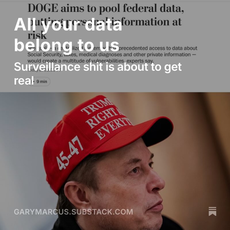 Gary Marcus (@garymarcus) on Twitter photo Privacy as we know it is done, and social control is about reach a new level, unless we speak up now.
Breaking news and an urgent essay (link below), with an impassionedcall for action from <a href="/CarissaVeliz/">Carissa Véliz</a>. Privacy as we know it is done, and social control is about reach a new level, unless we speak up now.
Breaking news and an urgent essay (link below), with an impassionedcall for action from <a href="/CarissaVeliz/">Carissa Véliz</a>.