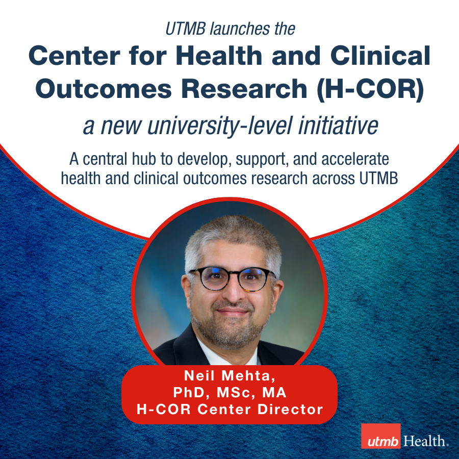 UTMB Provost's Office (@utmbprovost) on Twitter photo UTMB has launched the new Center for Health and Clinical Outcomes Research (H-COR), with Dr. Neil Mehta of our <a href="/utmb_spph/">UTMB School of Public & Population Health</a> Dept. of Epidemiology as director.
H-COR aspires to become a national leader in health and clinical outcomes research. Read more: utmb.us/dxe UTMB has launched the new Center for Health and Clinical Outcomes Research (H-COR), with Dr. Neil Mehta of our <a href="/utmb_spph/">UTMB School of Public & Population Health</a> Dept. of Epidemiology as director.
H-COR aspires to become a national leader in health and clinical outcomes research. Read more: utmb.us/dxe