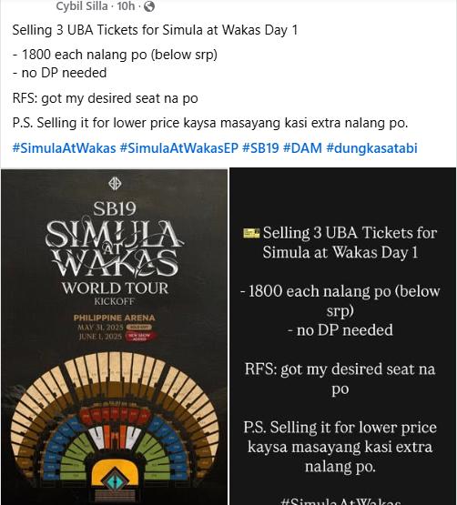 writeordieyang's tweet photo. helping a friend 
LFB 
Selling at a low price na para di masayang yung ticket
You can message her on fb. Cybil Silla.

Thank you.
@SB19Official
#SB19 #SB19SaWOnWishBus https://t.co/12OvFTlBVL