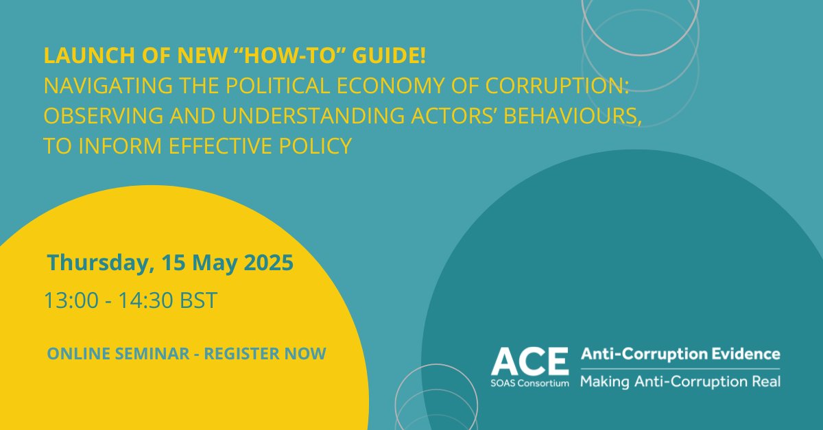 SOAS ACE (@ace_soas) on Twitter photo 🚨Launch of new 'how to' guide!🚨
Join us on 15 May, 13:00 BST for the online launch of our 'how-to' guide for tackling corruption in politically smart ways.
🗣️ With <a href="/alanhudson1/">Alan Hudson</a> , <a href="/mushtaqkhan100/">Mushtaq Khan</a> & <a href="/RoyPallavi2/">Pallavi Roy</a>
💻 Register: tinyurl.com/35cuhm7s
#anticorruption #governance 🚨Launch of new 'how to' guide!🚨
Join us on 15 May, 13:00 BST for the online launch of our 'how-to' guide for tackling corruption in politically smart ways.
🗣️ With <a href="/alanhudson1/">Alan Hudson</a> , <a href="/mushtaqkhan100/">Mushtaq Khan</a> & <a href="/RoyPallavi2/">Pallavi Roy</a>
💻 Register: tinyurl.com/35cuhm7s
#anticorruption #governance