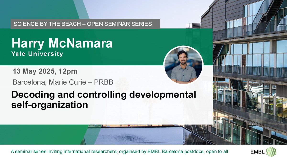EMBL Barcelona (@emblbarcelona) on Twitter photo The Science by the beach seminar series is back at <a href="/the_prbb/">Biomedicina BCN</a>! 🌊🔬
Next Tuesday, May 13, <a href="/LabTrivedi/">Trivedi Lab</a> will host Harry McNamara, from <a href="/Yale/">Yale University</a>, who’ll give a talk on decoding & controlling developmental self-organisation.
Don’t miss it! The Science by the beach seminar series is back at <a href="/the_prbb/">Biomedicina BCN</a>! 🌊🔬
Next Tuesday, May 13, <a href="/LabTrivedi/">Trivedi Lab</a> will host Harry McNamara, from <a href="/Yale/">Yale University</a>, who’ll give a talk on decoding & controlling developmental self-organisation.
Don’t miss it!