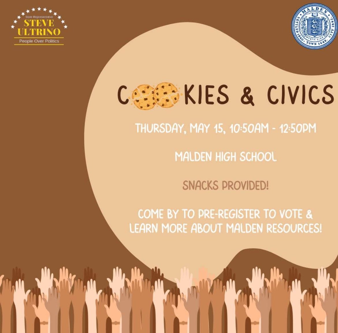 MALDEN HIGH! On Thursday, May 15th, my staff and the City Clerk's office staff will be holding a voter registration drive at Malden High during your lunch periods. 

And as always, cookies will be provided!🍪.