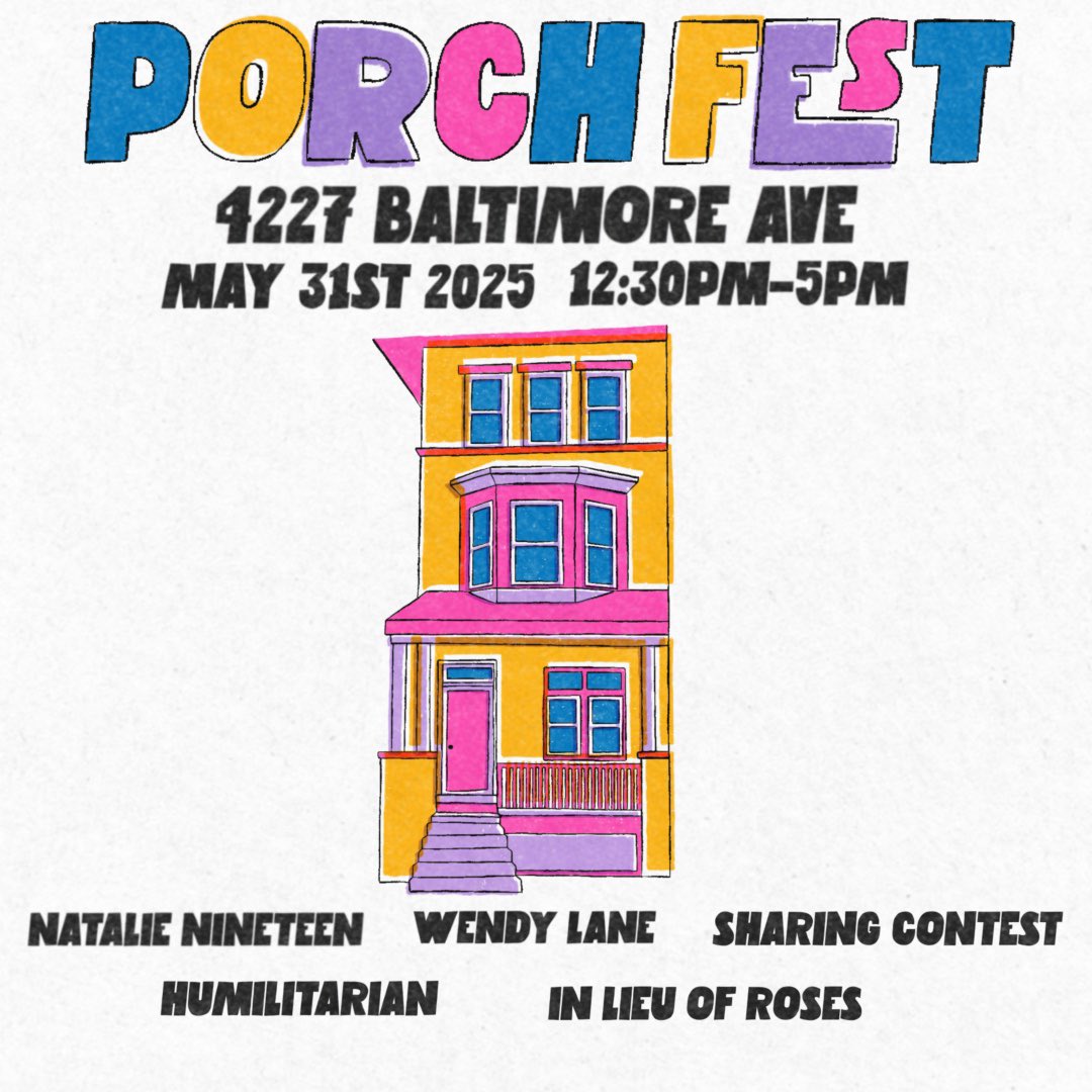 🌱PORCHFEST 2025 LFGGGG🌱 

THE BEST DAY OF THE YEAR RETURNS - MARK UR CALENDAR @westphillyporchfest 

📆 Saturday May 31 

📍 Our porch: 4227 Baltimore Ave 

⏰ Our porch has music from 12:30-5pm. We play at 3 pm 

📸 Eric schaeffer