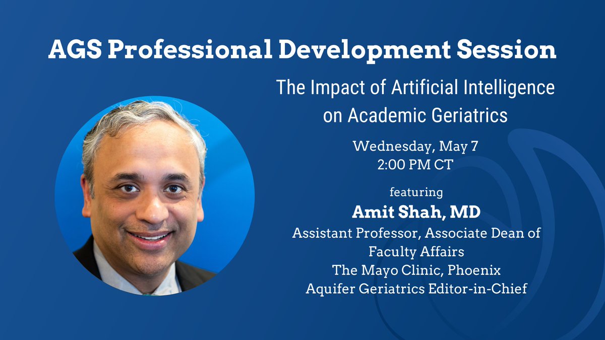 AquiferOrg's tweet photo. Join Dr Amit Shah, Dr. Juliessa Pavon, and Dr. Peter Abadir at #AGS25 for "The Impact of AI on Academic Geriatrics" today at 2 pm CT. Explore how AI is already reshaping clinical care, education, and research in geriatrics! Visit our booth to see these innovations firsthand. #MedEd @ShahGeriatrics