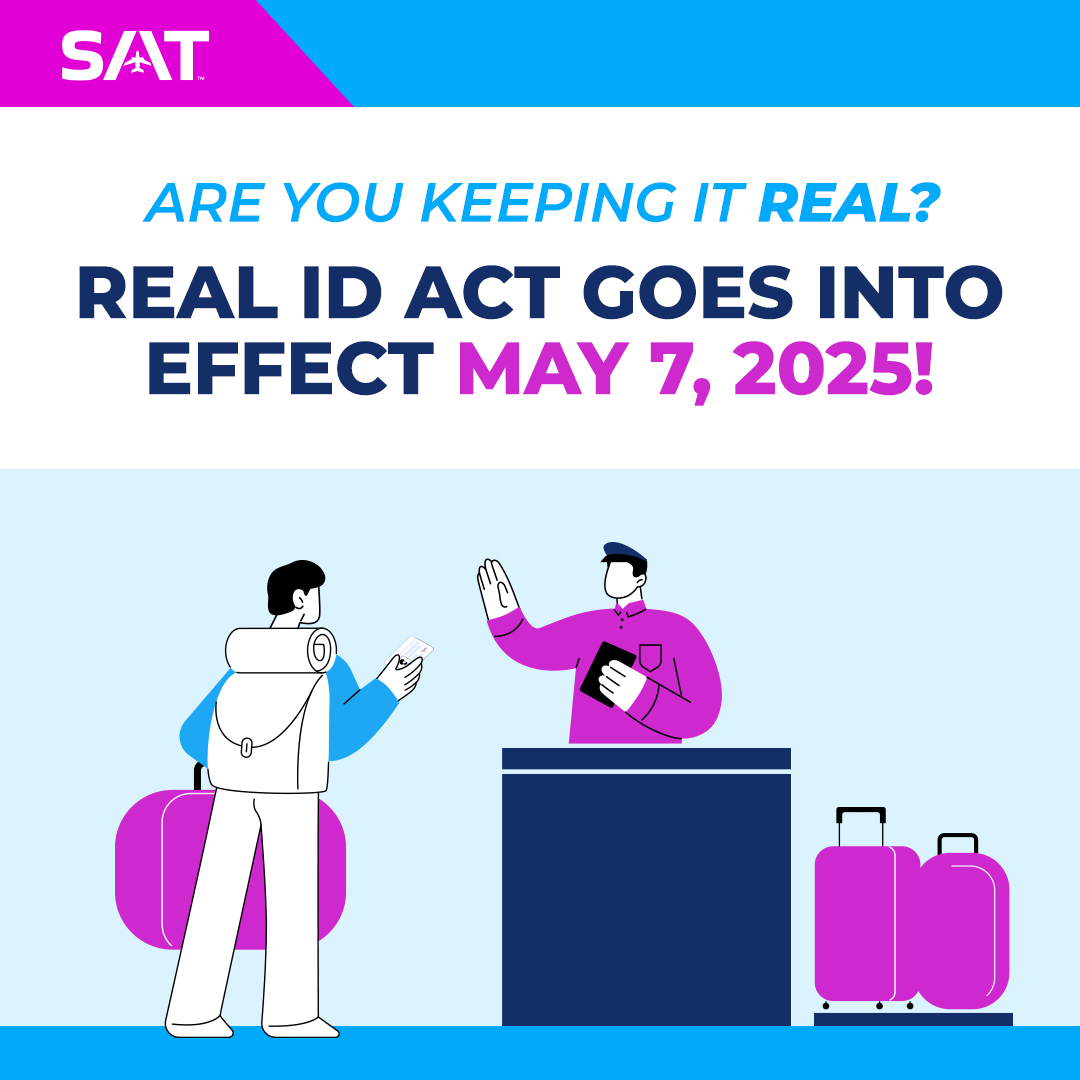 Attention flyers! 🚨🪪 The REAL ID Act is officially in full effect as of May 7, 2025. You will now need to have a REAL ID-compliant driver’s license or state-issued ID to board domestic flights and access certain federal facilities. Learn more: flysanantonio.com/tsa