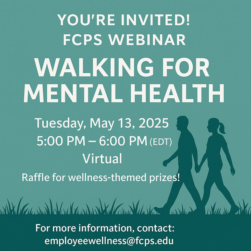 Take a Step Toward Better Mental Health
Join us for a free virtual FCPS Wellness Webinar: Walking for Mental Health
🔗 Register here: attendee.gotowebinar.com/register/39740…
#FCPSEmployeeWellness #MentalHealthAwareness #WalkingForWellness #WellnessWebinar #MindfulMovement